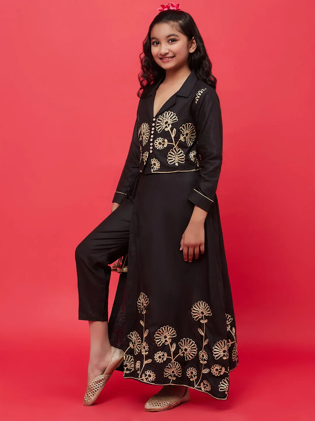 Girl's Black Embroidered Top Skirt With Attached Pant - Aks Girls