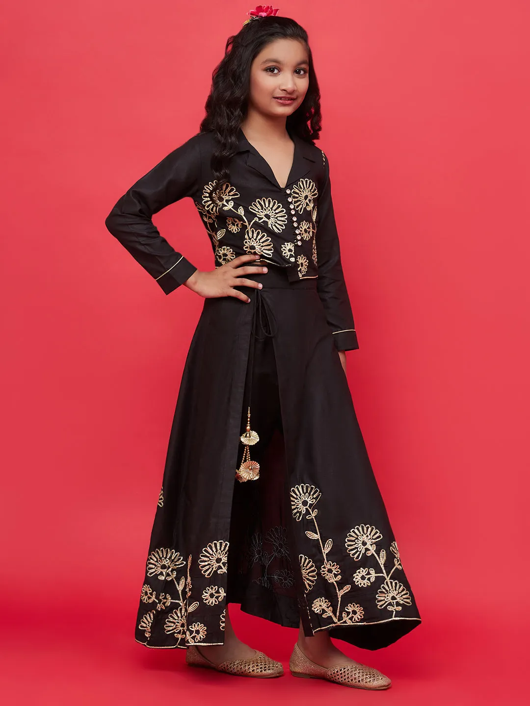 Girl's Black Embroidered Top Skirt With Attached Pant - Aks Girls