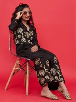Girl's Black Embroidered Top Skirt With Attached Pant - Aks Girls
