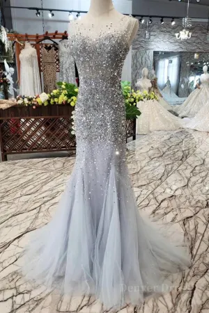 Gorgeous Mermaid Backless Silver Grey Sequins Prom Dress Mermaid Silver Grey Formal Dress Shiny Silver Grey Evening Dress
