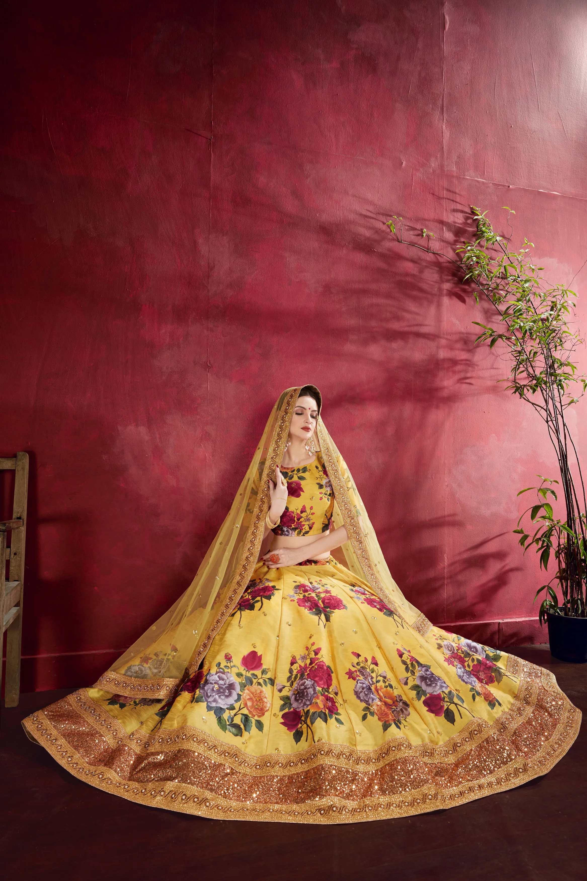 Gorgeous Yellow Floral Printed Banglory Silk Wedding Lehenga Choli With Dupatta