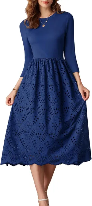 GRACE KARIN Womens Summer 3/4 Sleeve Dress with Pockets A Line Midi Eyelet Dress Empire Waist Casual Fall Flowy Dress
