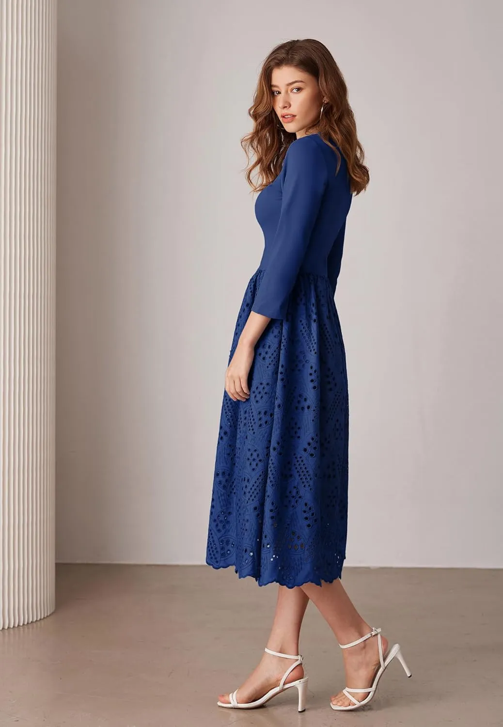 GRACE KARIN Womens Summer 3/4 Sleeve Dress with Pockets A Line Midi Eyelet Dress Empire Waist Casual Fall Flowy Dress