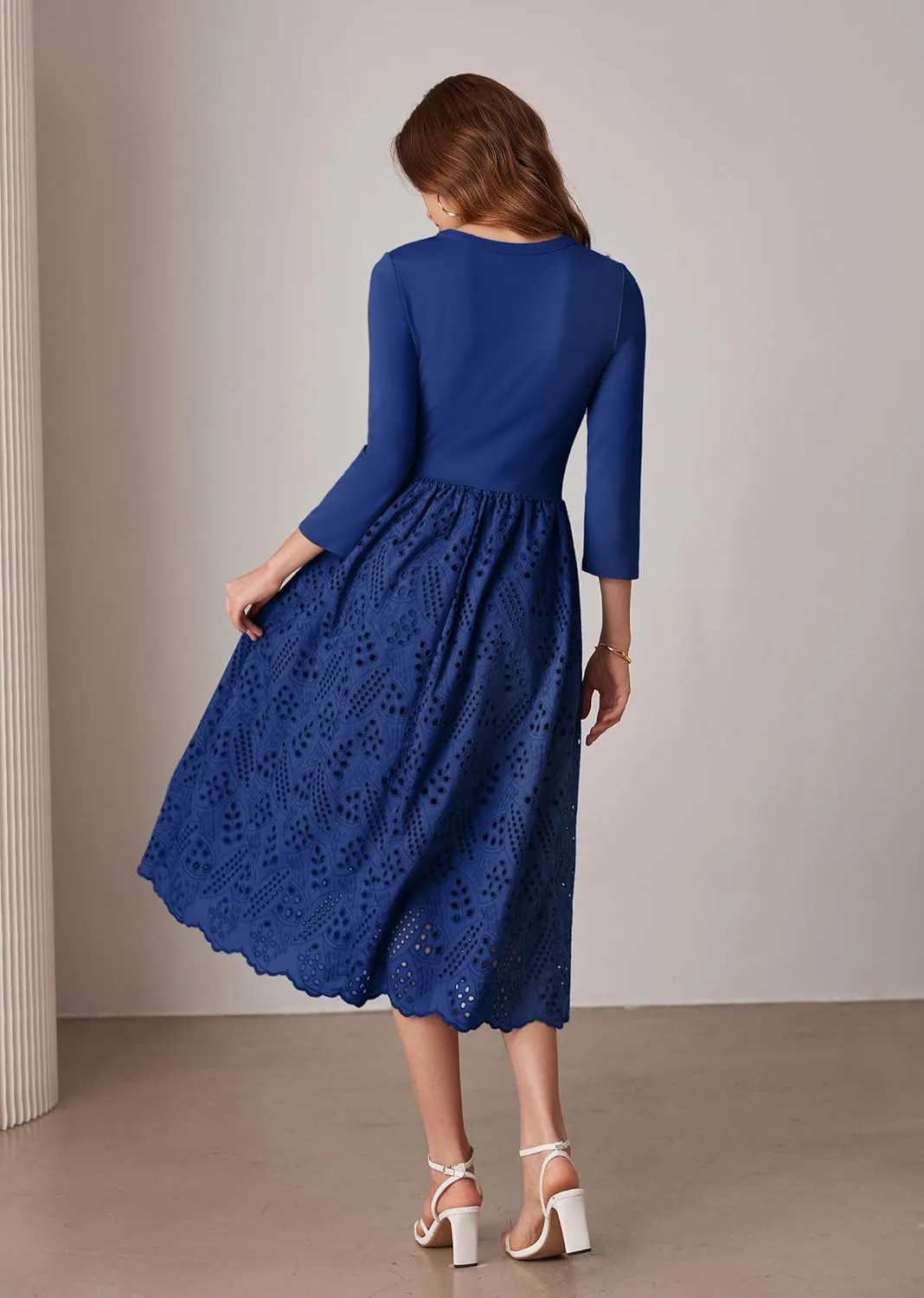GRACE KARIN Womens Summer 3/4 Sleeve Dress with Pockets A Line Midi Eyelet Dress Empire Waist Casual Fall Flowy Dress
