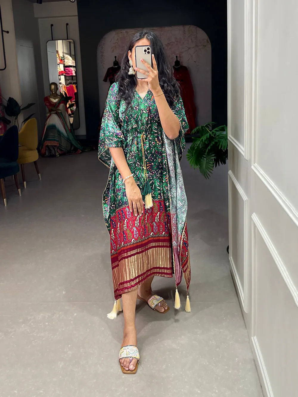 Green Color Digital Printed Gaji Silk Kaftan