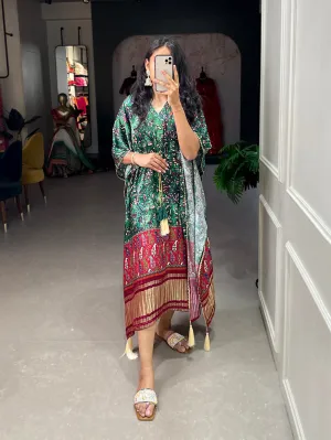 Green Color Digital Printed Gaji Silk Kaftan