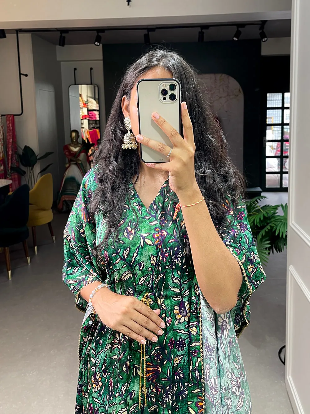 Green Color Digital Printed Gaji Silk Kaftan