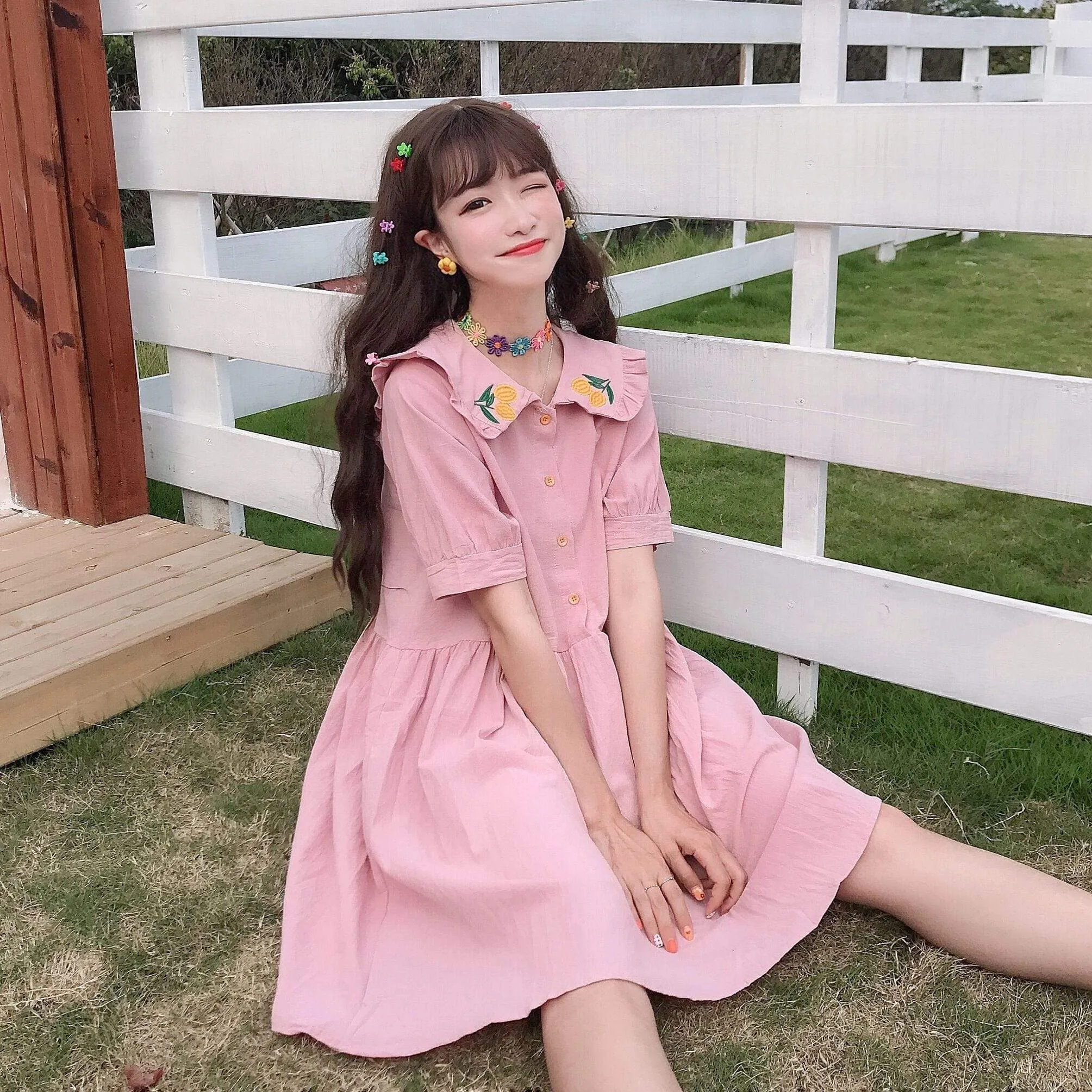 Harajuku Embroidered Peter Pan Collar Dress