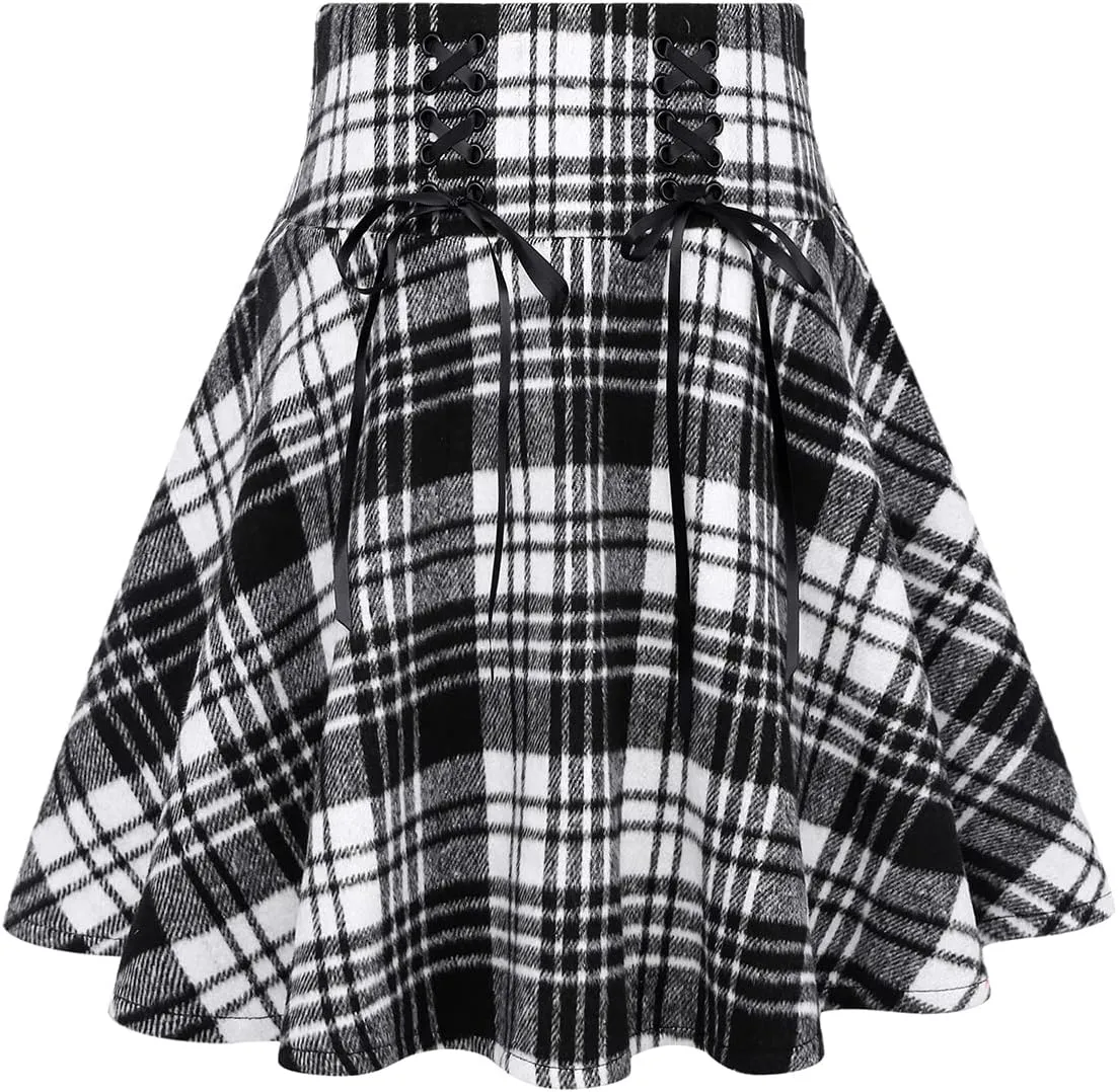 IDEALSANXUN Womens High Waist Lace Up Aline Pleated Wool Gothic Mini Plaid Skirts