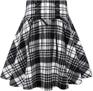 IDEALSANXUN Womens High Waist Lace Up Aline Pleated Wool Gothic Mini Plaid Skirts