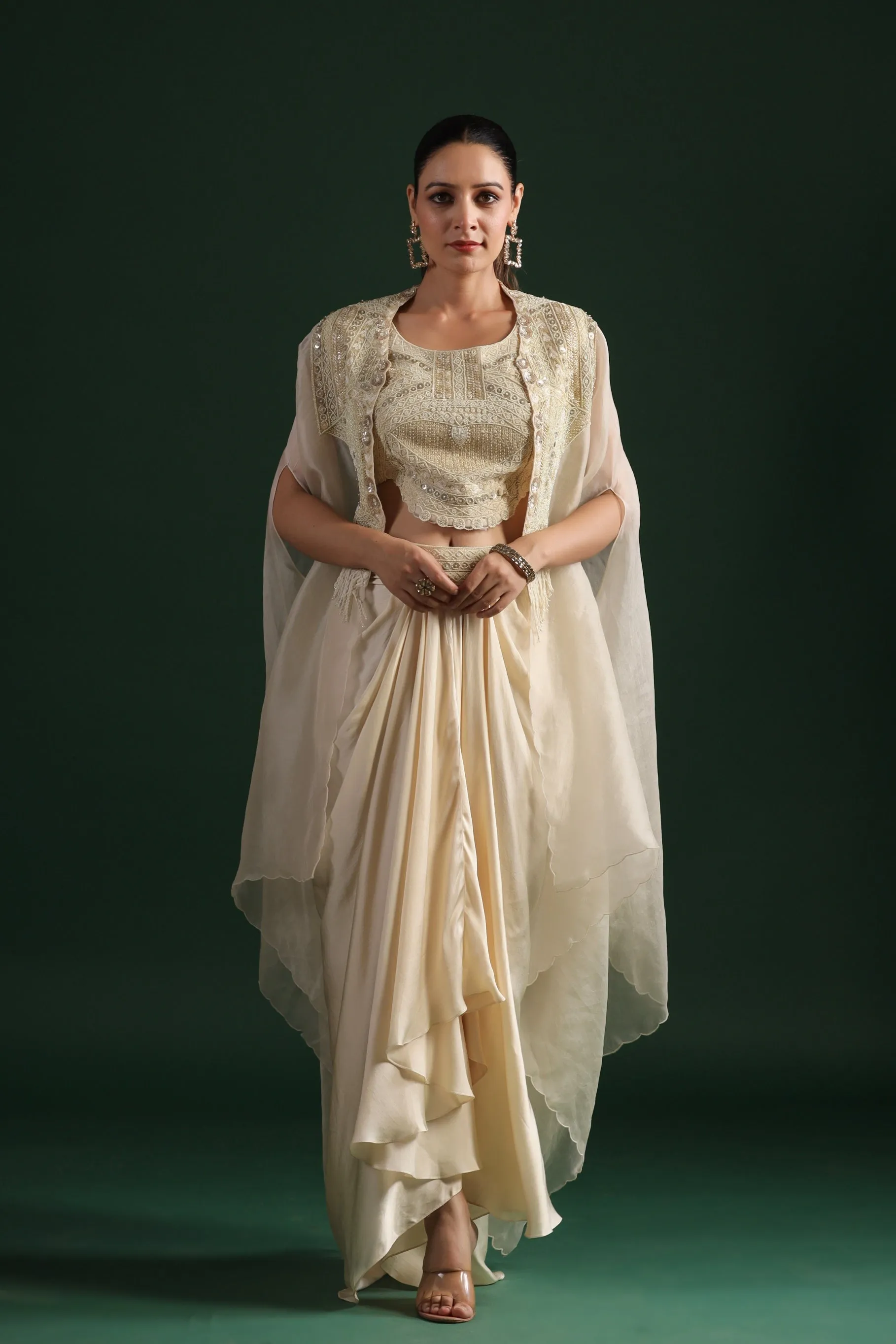 Ivory Embellished Raw Silk Skirt Set