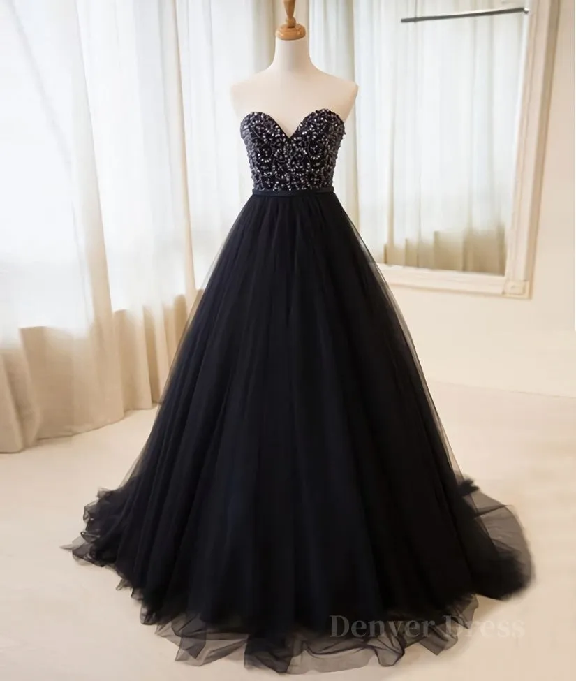kamahe Black tulle sweetheart neck long prom dress, black evening dress