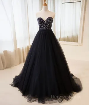 kamahe Black tulle sweetheart neck long prom dress, black evening dress