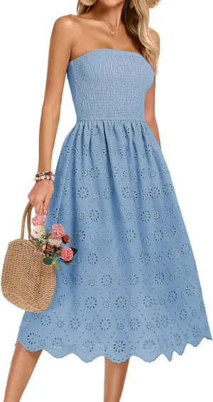 Kate Kasin Women's Summer Strapless Dress Off Shoulder Smocked Casual A Line Eyelet Beach Wedding Guest Midi Dress