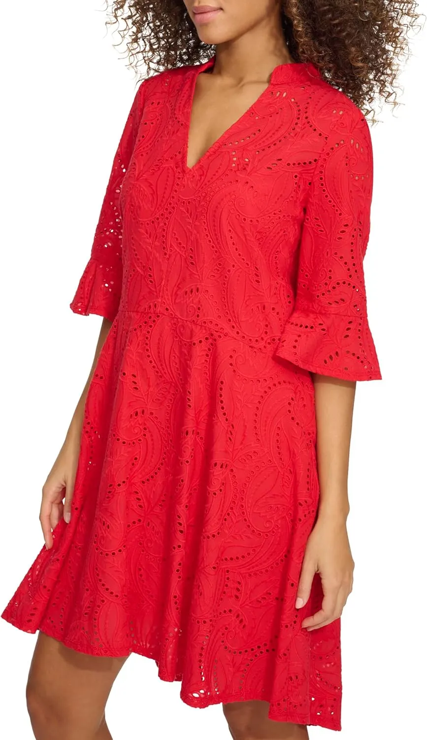 kensie Women's 1/4 Sleeve V-Neck A-line Mini Dress