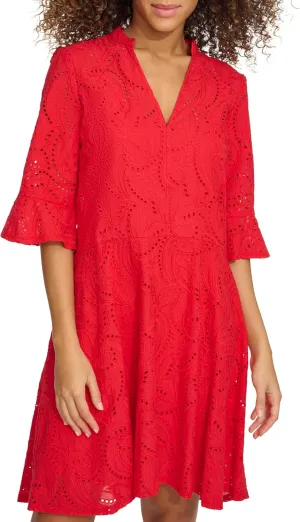 kensie Women's 1/4 Sleeve V-Neck A-line Mini Dress