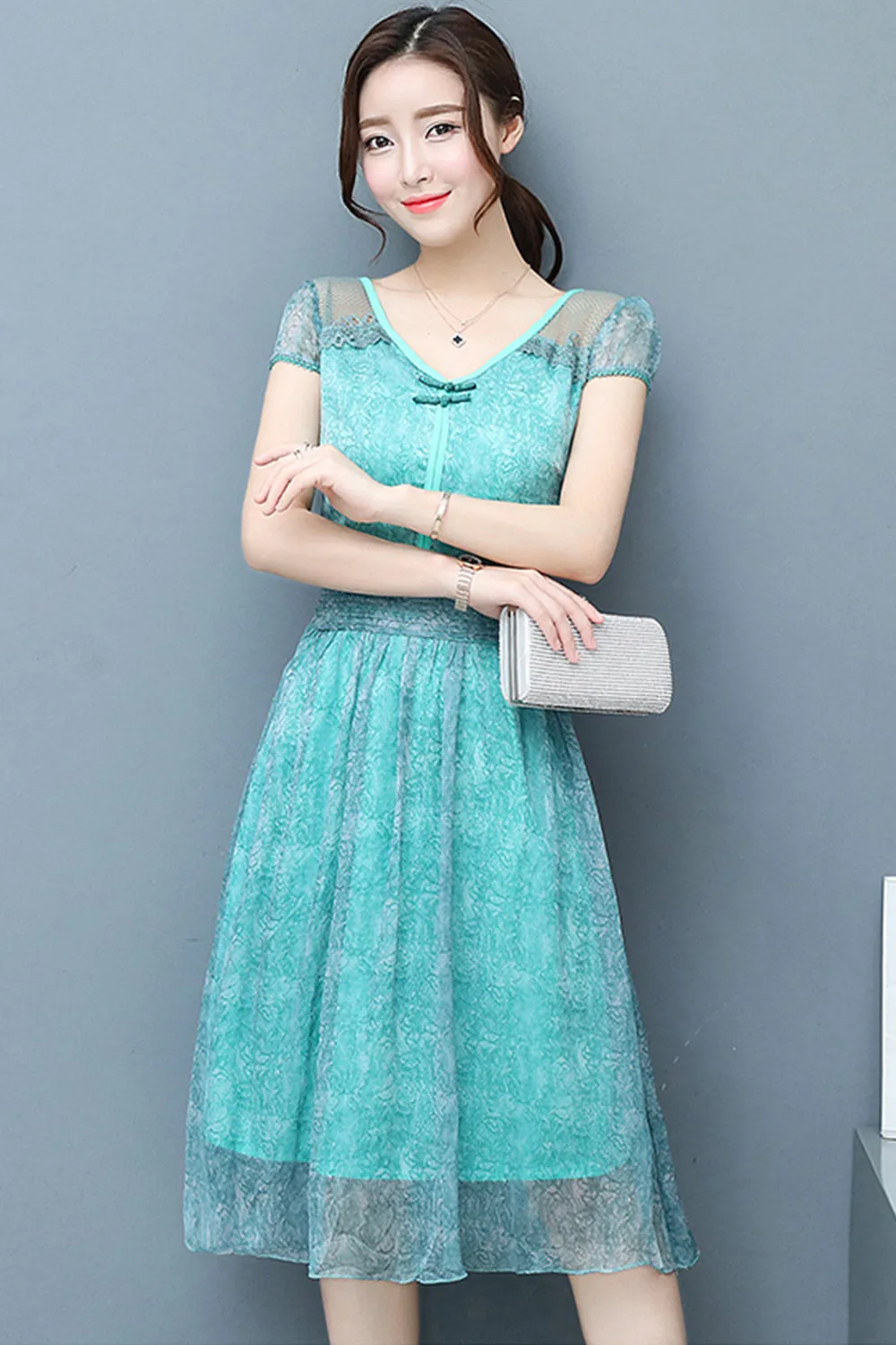Ketty More Women Chiffon Lace Sleeves Party Dress Blue-KMWD044
