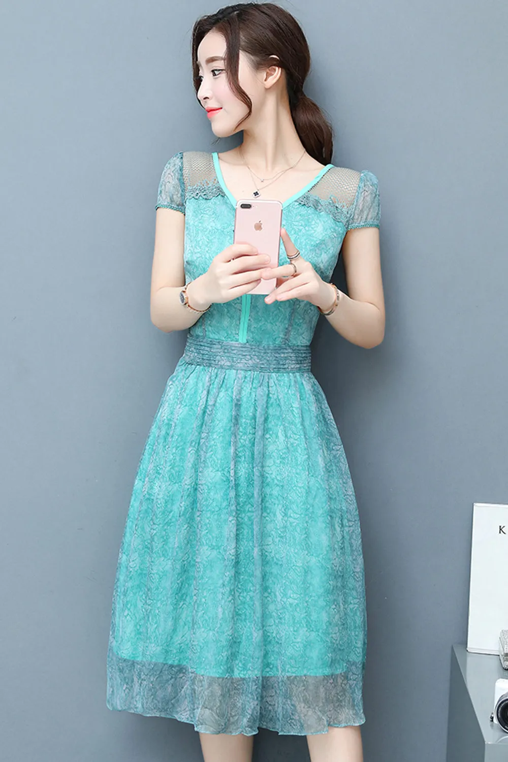 Ketty More Women Chiffon Lace Sleeves Party Dress Blue-KMWD044