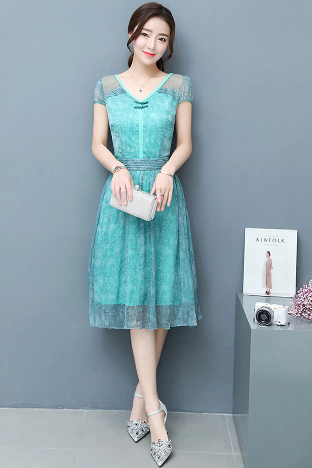 Ketty More Women Chiffon Lace Sleeves Party Dress Blue-KMWD044