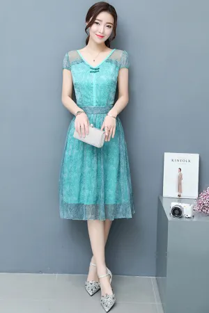 Ketty More Women Chiffon Lace Sleeves Party Dress Blue-KMWD044