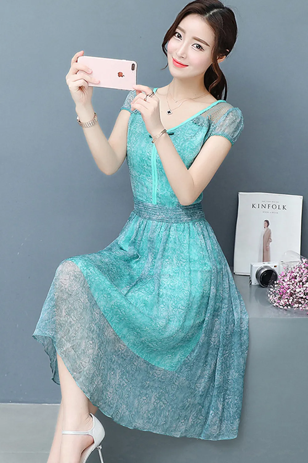 Ketty More Women Chiffon Lace Sleeves Party Dress Blue-KMWD044