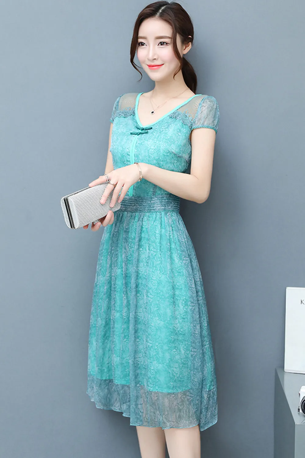 Ketty More Women Chiffon Lace Sleeves Party Dress Blue-KMWD044