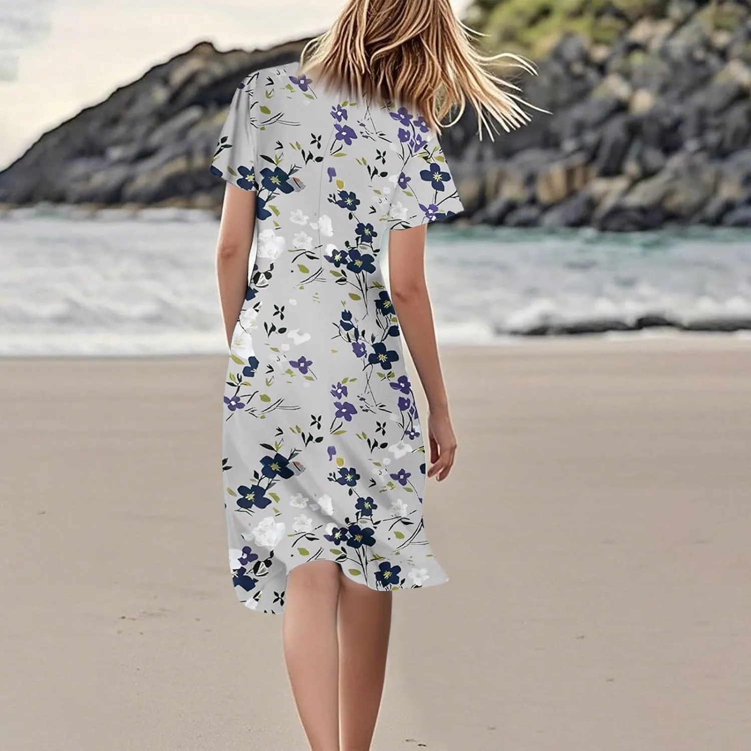 Knee Length Dress for Women Bohemian Summer Short Sleeve Summer 2025 V Neck Modest Sundress Floral Dress