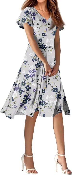 Knee Length Dress for Women Bohemian Summer Short Sleeve Summer 2025 V Neck Modest Sundress Floral Dress