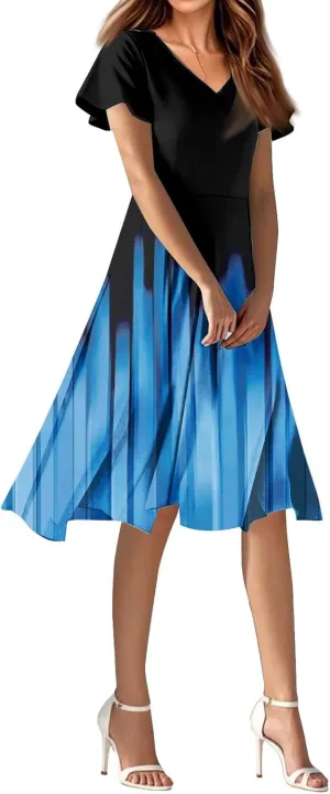 Knee Length Dress for Women Bohemian Summer Short Sleeve Summer 2025 V Neck Modest Sundress Floral Dress