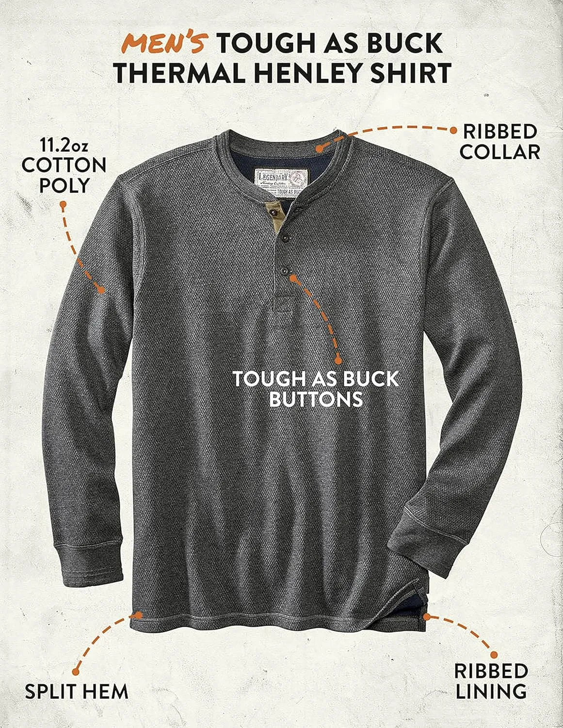 Legendary Whitetails Men's Tough as Buck Double Layer Thermal Henley Shirt-Casual Long Sleeve Waffle Knit Regular Fit