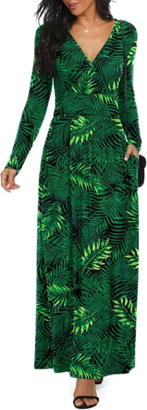 LILBETTER Women Long Sleeve Deep V Neck Loose Plain Long Maxi Casual Dress