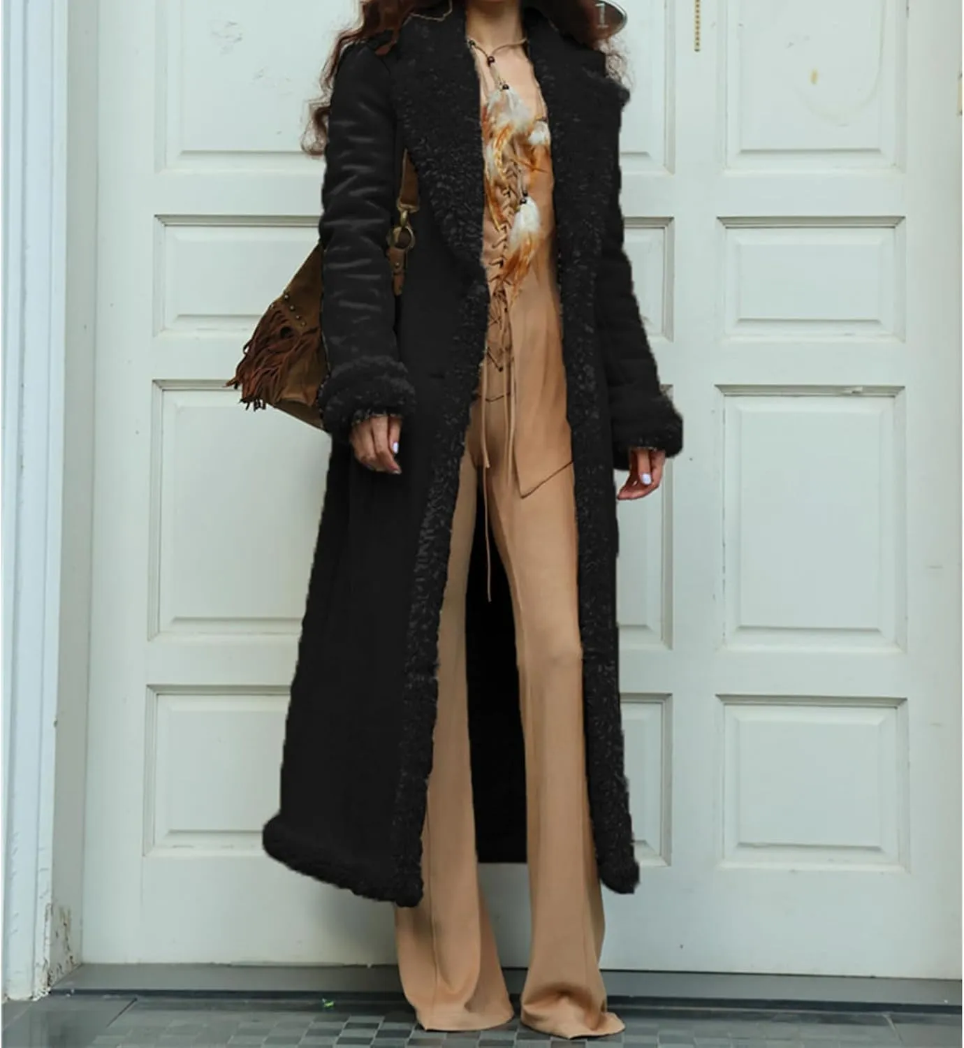 Long Jackets for Women Trendy Winter Open Front Cardigan Faux Fur Warm Trim Parka Outwear Casual Loose with Pockets