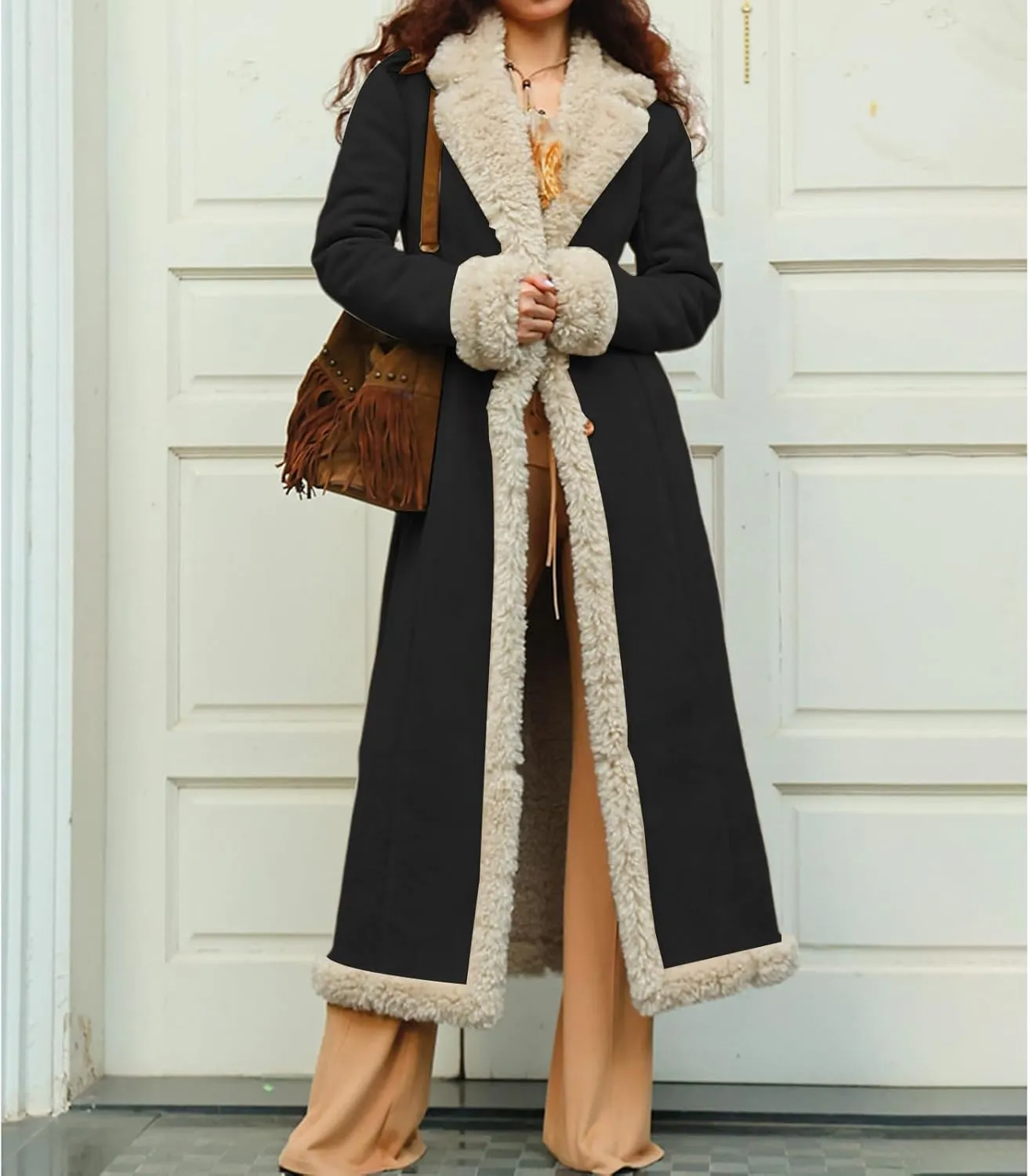 Long Jackets for Women Trendy Winter Open Front Cardigan Faux Fur Warm Trim Parka Outwear Casual Loose with Pockets