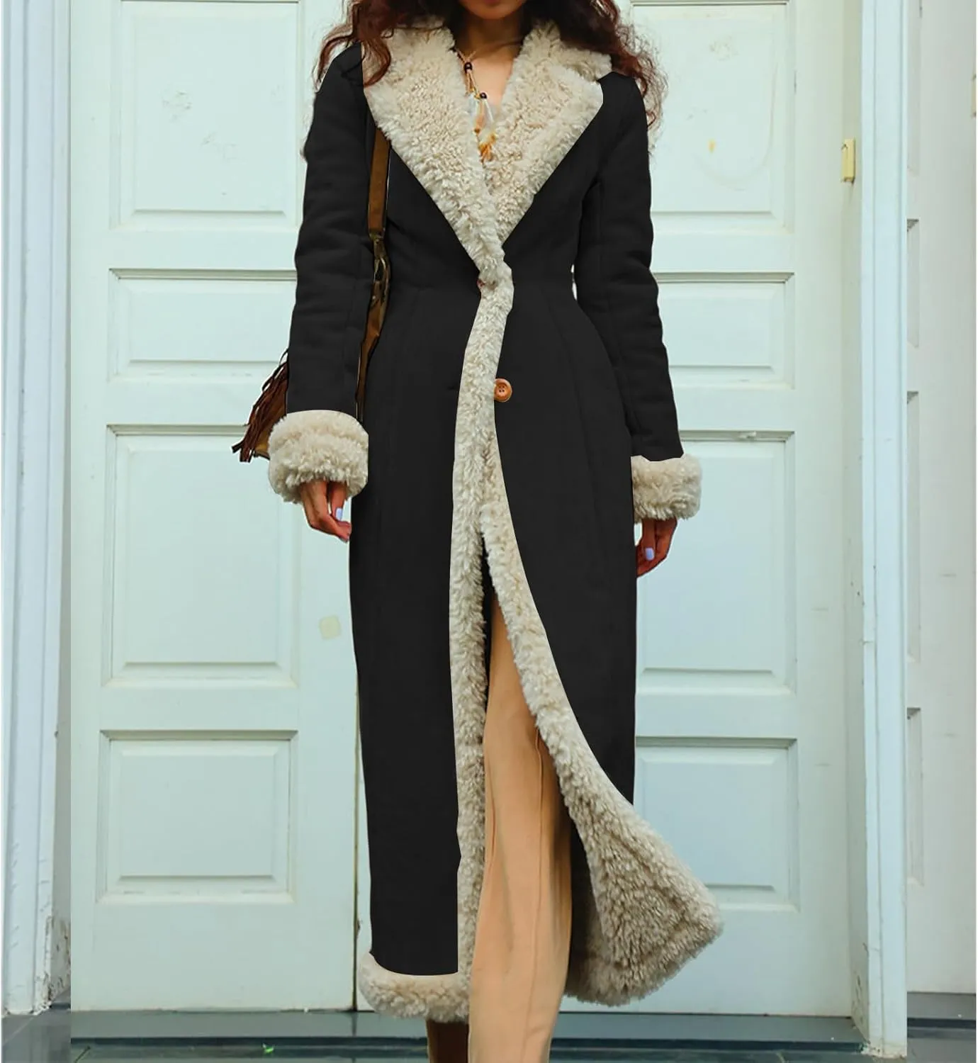 Long Jackets for Women Trendy Winter Open Front Cardigan Faux Fur Warm Trim Parka Outwear Casual Loose with Pockets
