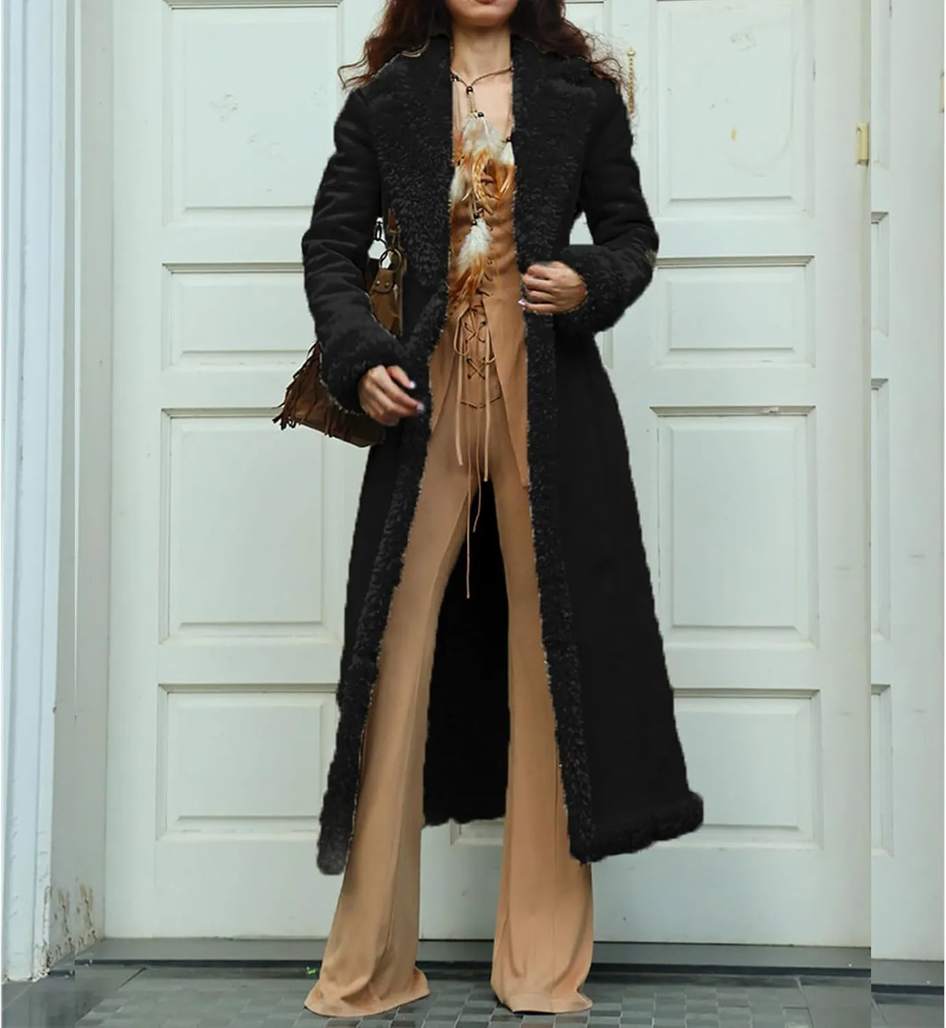 Long Jackets for Women Trendy Winter Open Front Cardigan Faux Fur Warm Trim Parka Outwear Casual Loose with Pockets