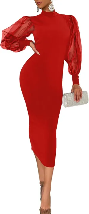 LYANER Women's Mock Neck Mesh Long Sleeve Zipper Bodycon Maxi Long Dress