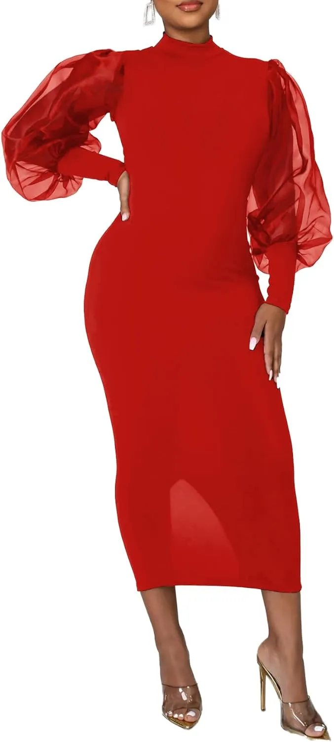LYANER Women's Mock Neck Mesh Long Sleeve Zipper Bodycon Maxi Long Dress