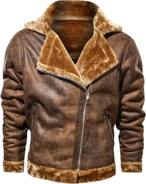 Maiyifu-GJ Men's Faux Leather Fleece Jacket Winter Warm Motorcycle Fur Vintage Coat Retro Suede Motorcycle Bomber Jackets