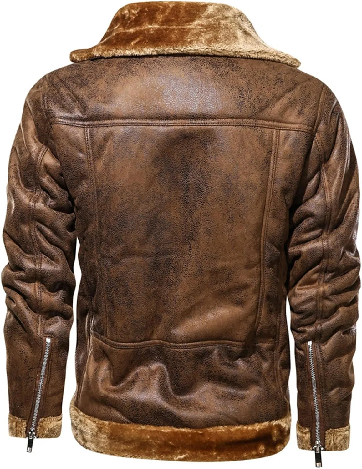 Maiyifu-GJ Men's Faux Leather Fleece Jacket Winter Warm Motorcycle Fur Vintage Coat Retro Suede Motorcycle Bomber Jackets