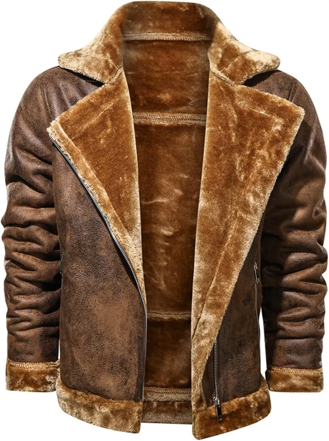 Maiyifu-GJ Men's Faux Leather Fleece Jacket Winter Warm Motorcycle Fur Vintage Coat Retro Suede Motorcycle Bomber Jackets