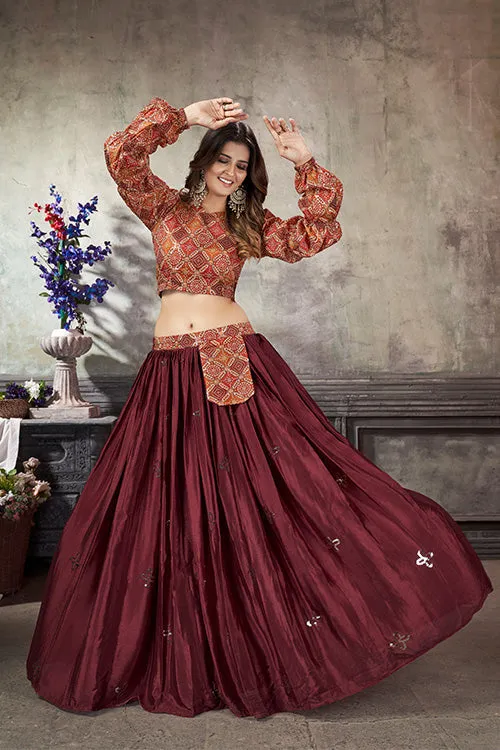 Maroon Art Silk Thread With Sequins Embroidered Crop-Top Skirt