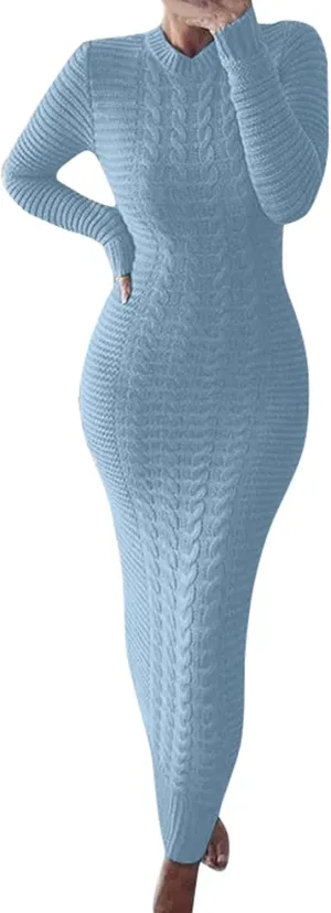 Maxi Sweaters Dress for Womens Winter Warm Casual Loose Knit Dress Fashion Cable Fall Slim Fit Funnel Collar Pullover