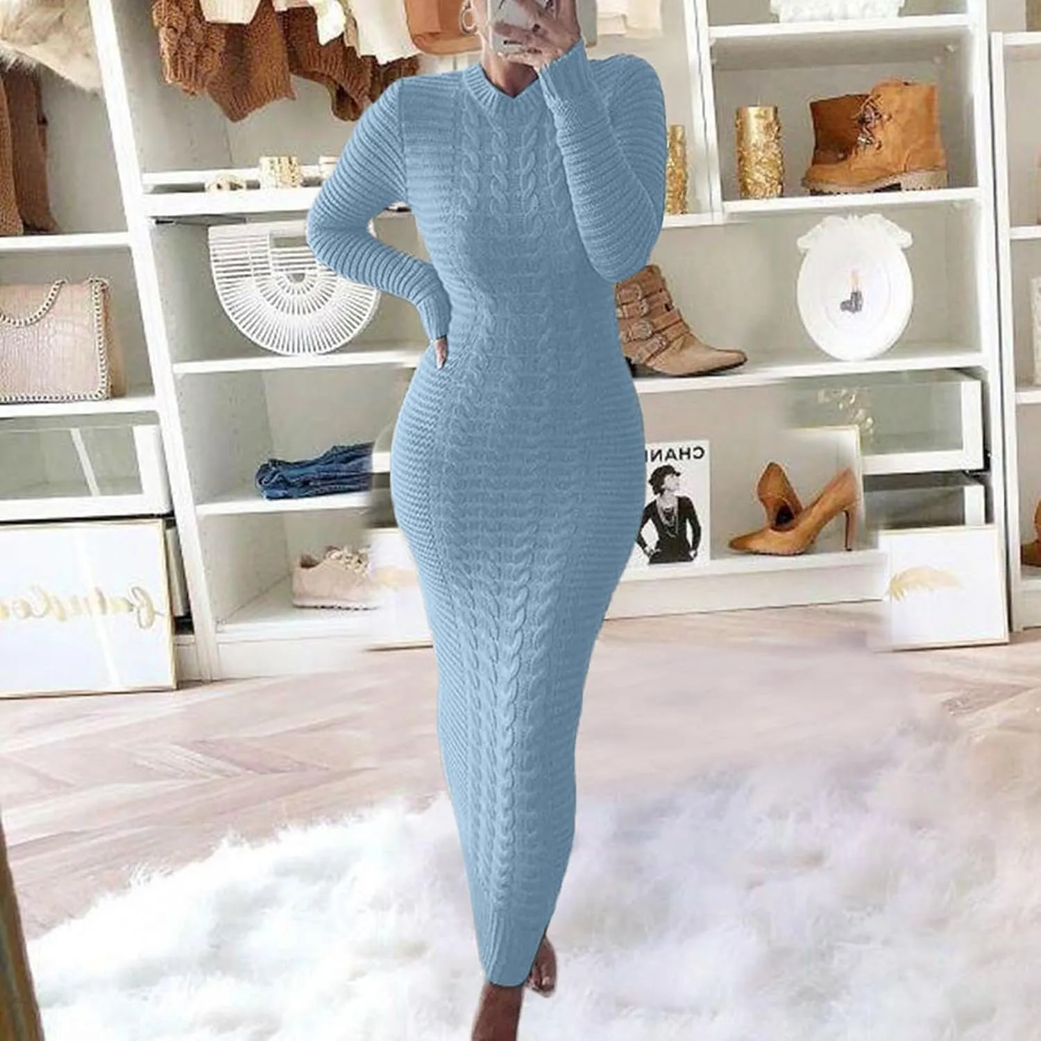 Maxi Sweaters Dress for Womens Winter Warm Casual Loose Knit Dress Fashion Cable Fall Slim Fit Funnel Collar Pullover