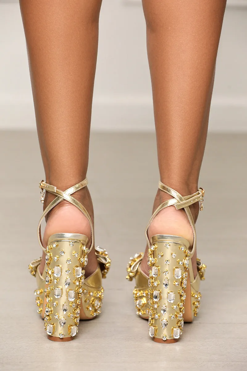 Maya Jeweled Metallic Bow Heels (Gold)- FINAL SALE
