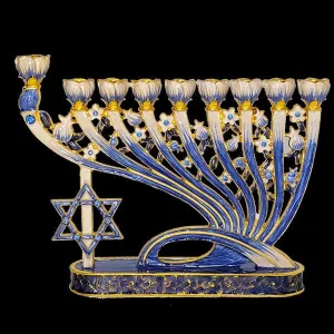 Menorah, jeweled, blues, 7"
