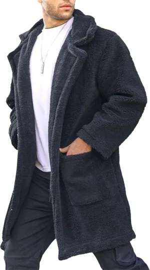 Men's Mink Overcoat Long Furry Trench Winter Luxury Faux Fur Jacket Full Zip Turndown Collar Pockets Coat