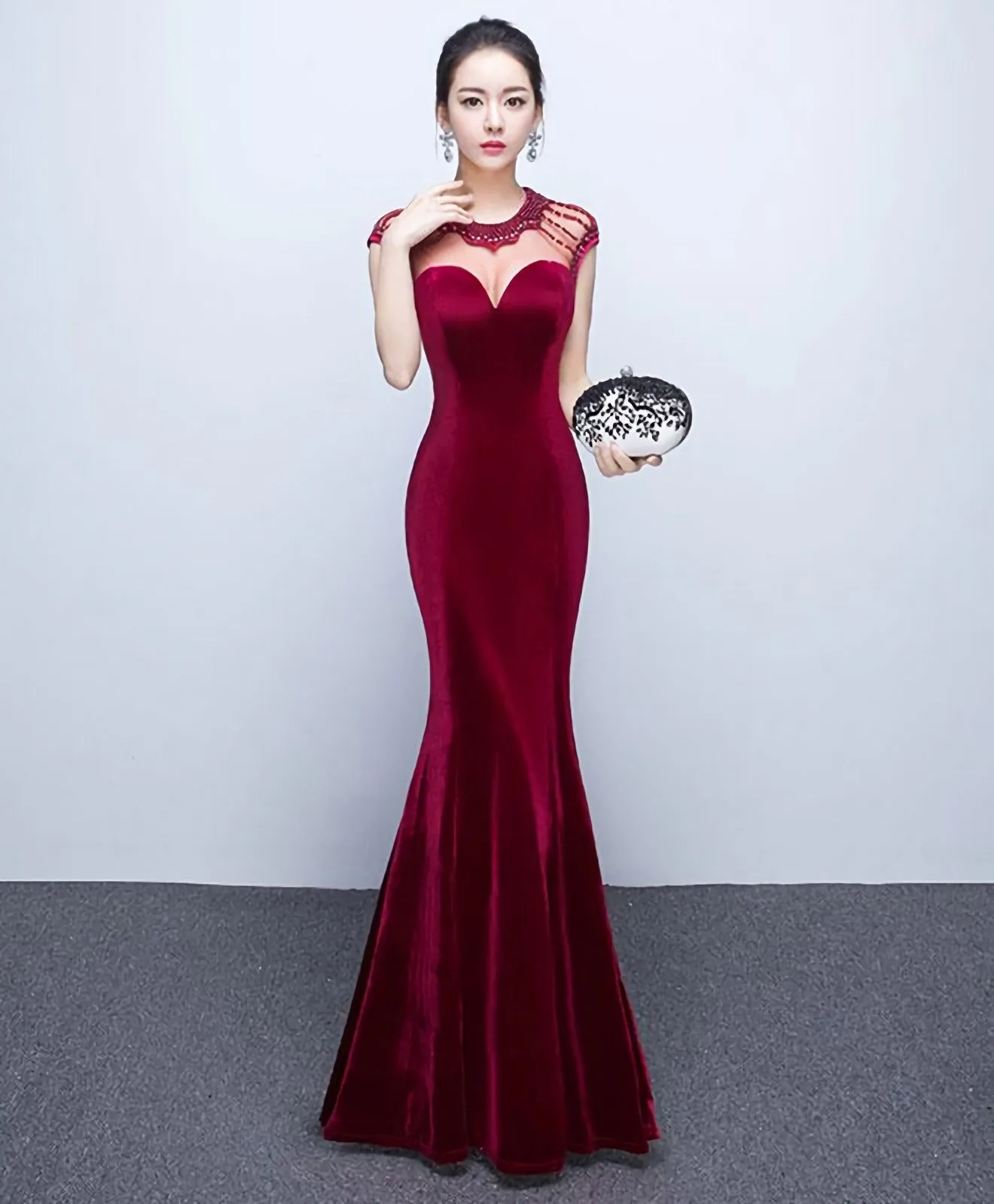 Mermaid Round Neck Velvet Long Prom Dress Evening Dress