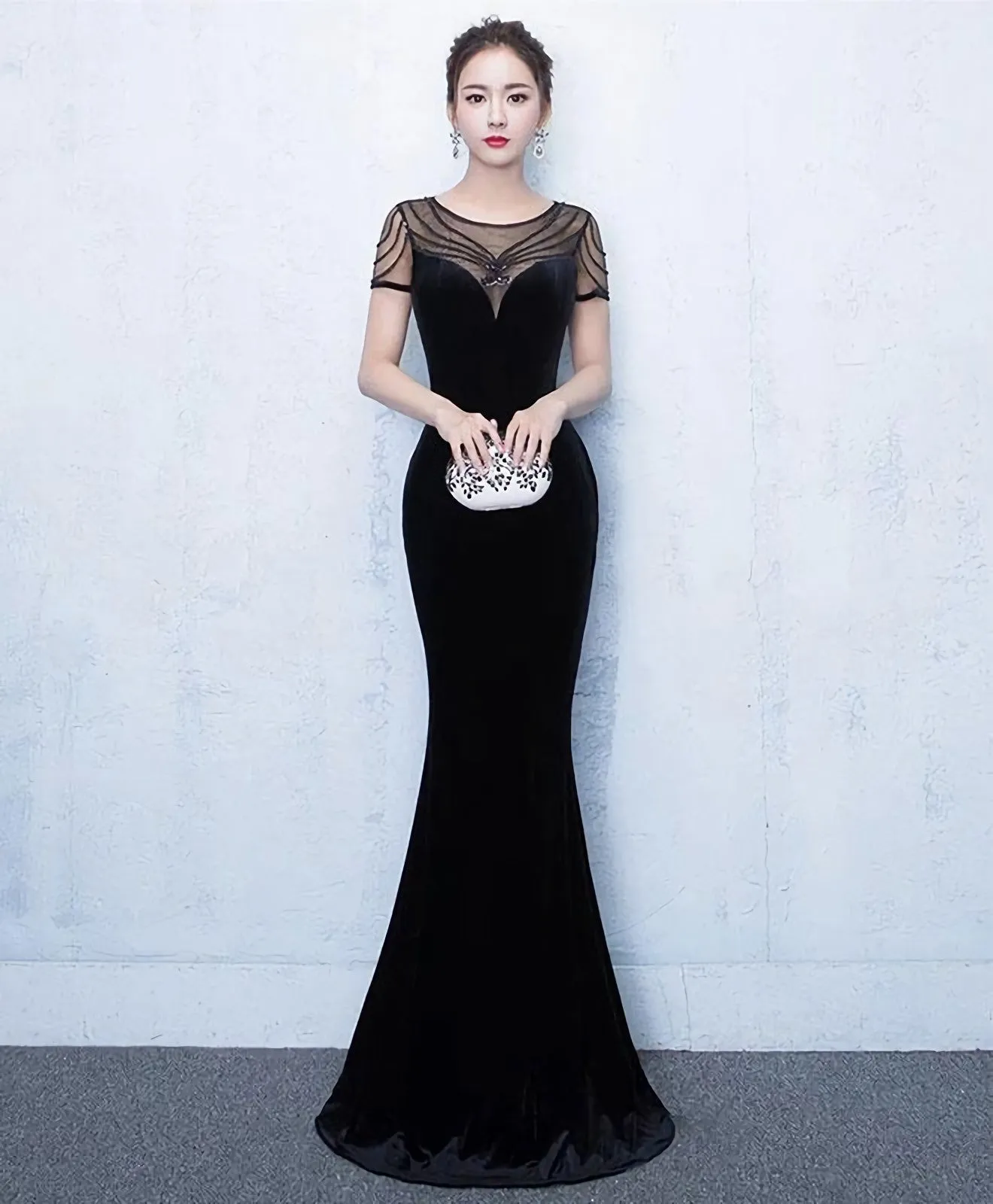 Mermaid Round Neck Velvet Long Prom Dress Evening Dress