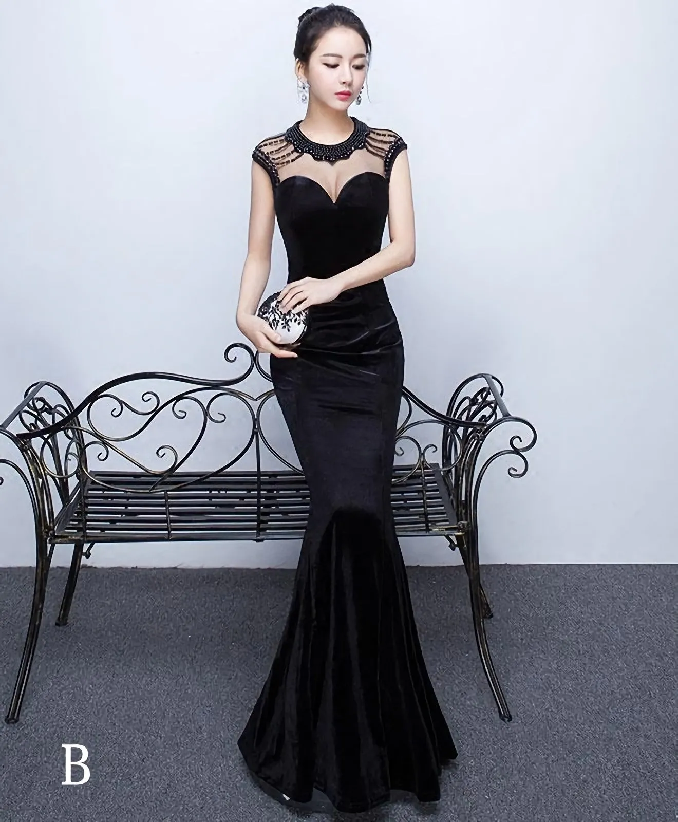 Mermaid Round Neck Velvet Long Prom Dress Evening Dress