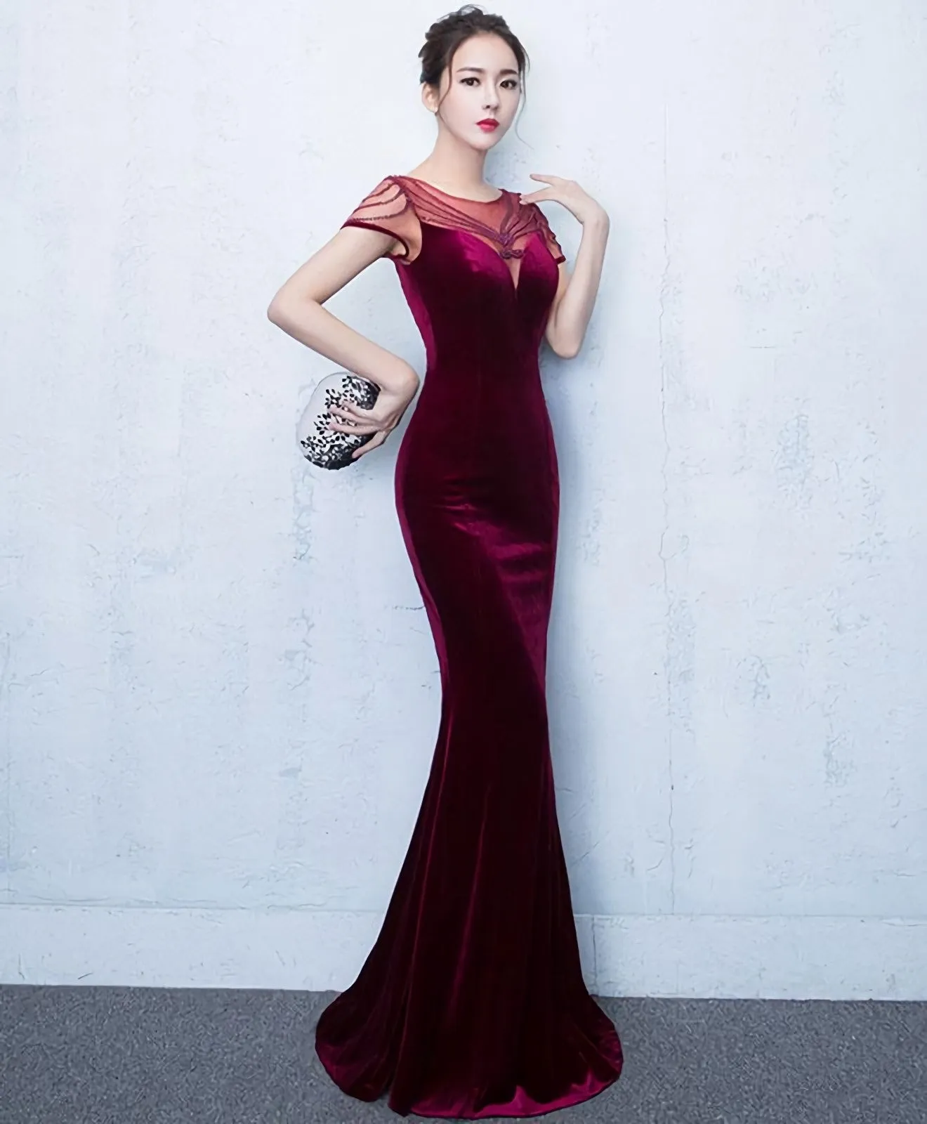 Mermaid Round Neck Velvet Long Prom Dress Evening Dress